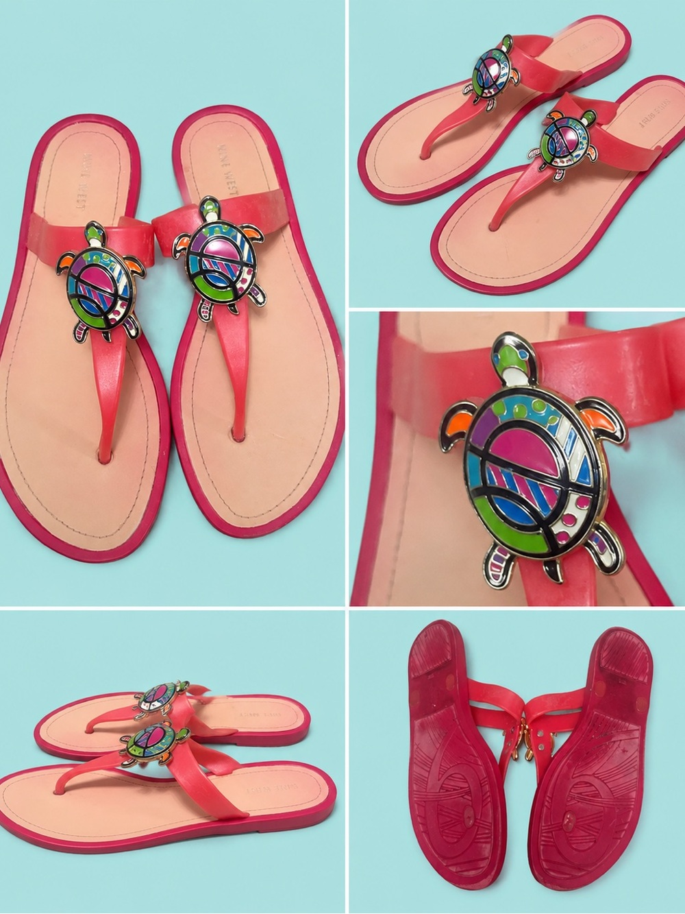 Nine West Pink Sea Turtle-Accent Thong Sandals SIZE 10 Beach and Resort Chic